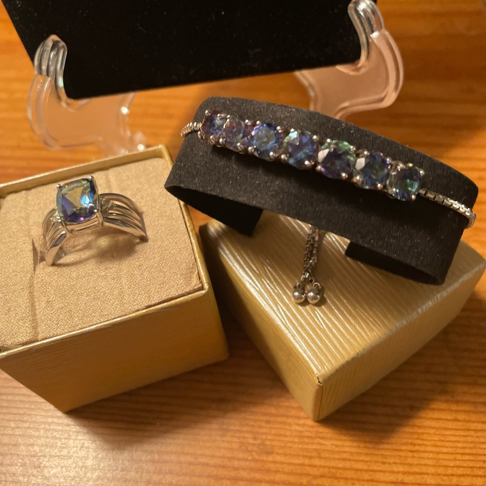 JTV Bicolor fluorite rhodium over sterling size 11 ring and adjustable bracelet